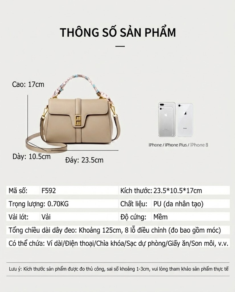 Túi Đeo Chéo Nữ Da Bóng Phom Vuông Thời Trang Công Sở Màu Be, Đen, Nâu chi tiết 27