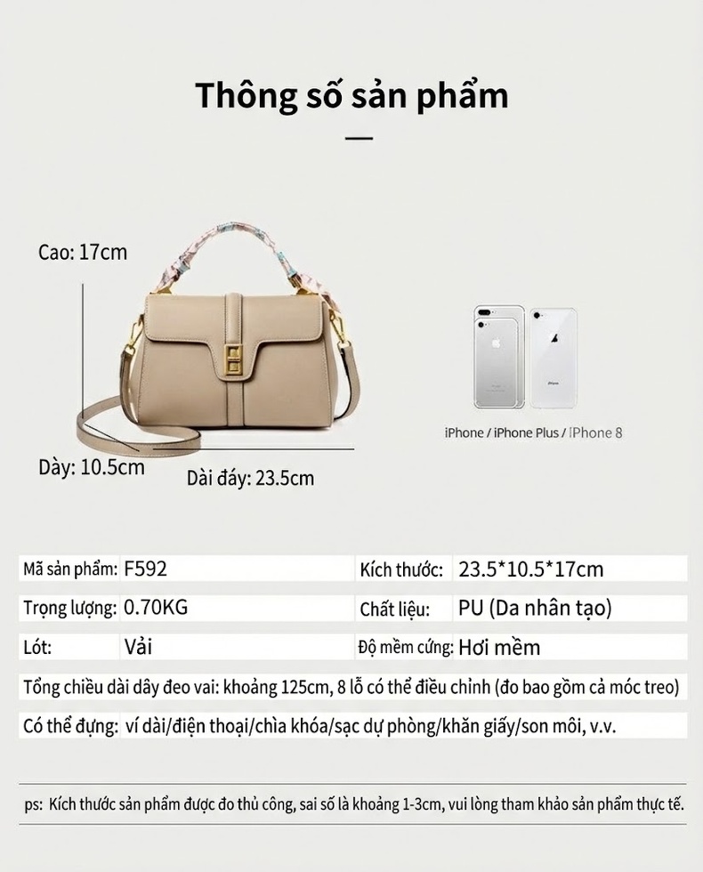 Túi Đeo Chéo Nữ Da Bóng Phom Vuông Thời Trang Công Sở Màu Be, Đen, Nâu chi tiết 7
