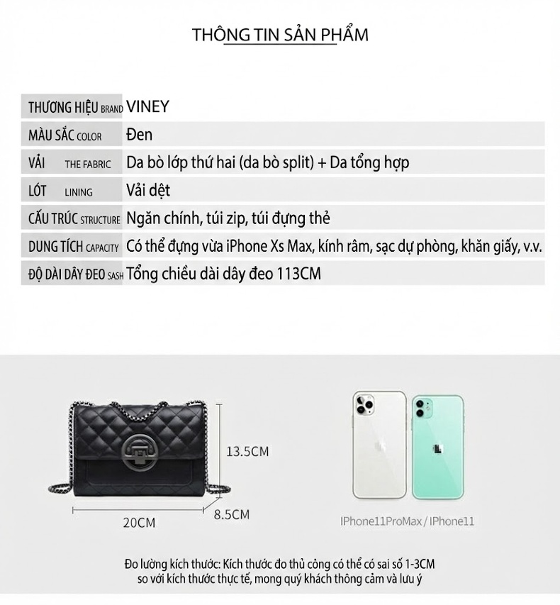 Túi Đeo Chéo Nữ Da Bóng Quả Trám Dây Xích Cao Cấp Màu Đen chi tiết 2