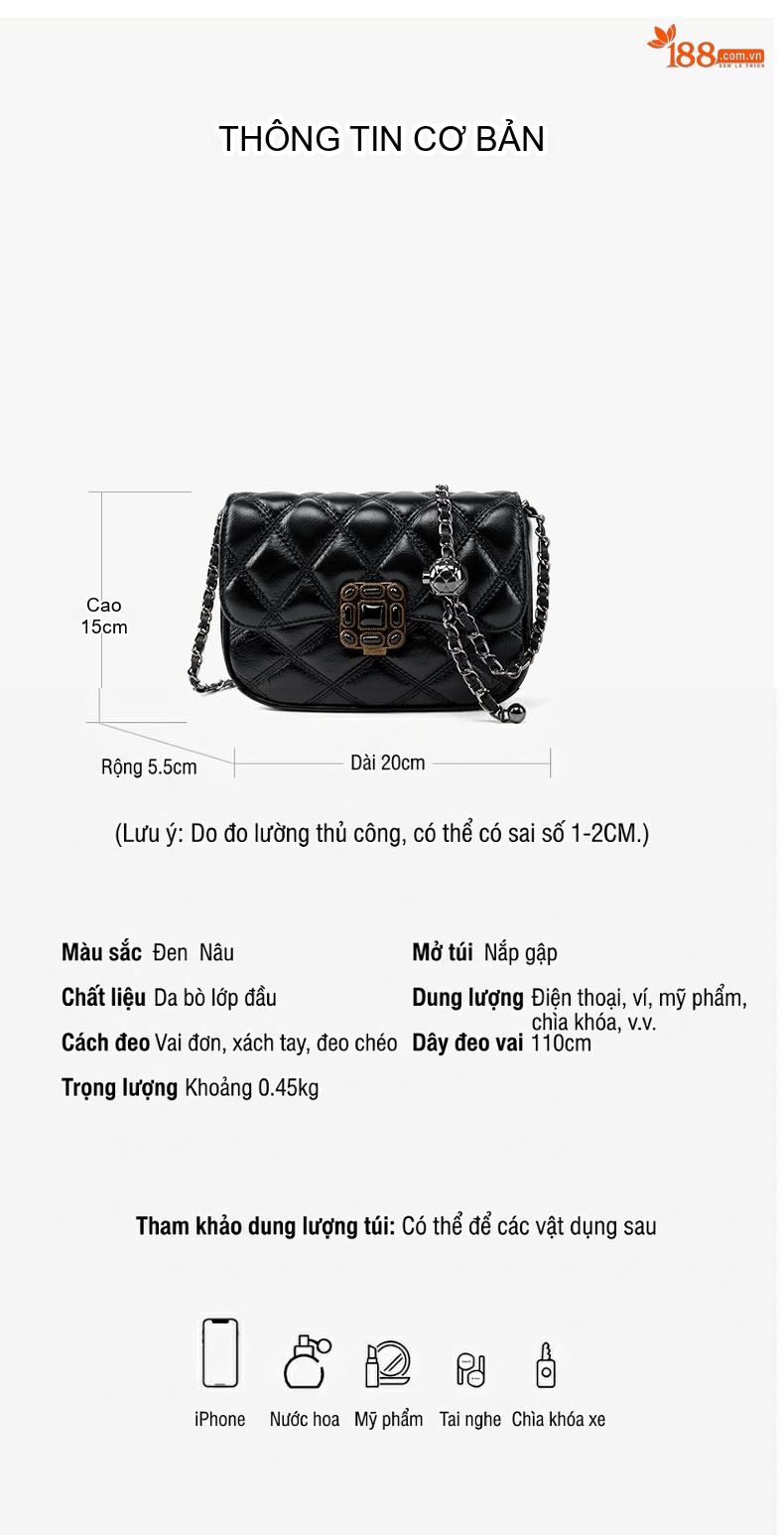 Túi Đeo Chéo Nữ Da Bóng Quả Trám Dây Xích Phong Cách Retro Màu Đen, Nâu chi tiết 4