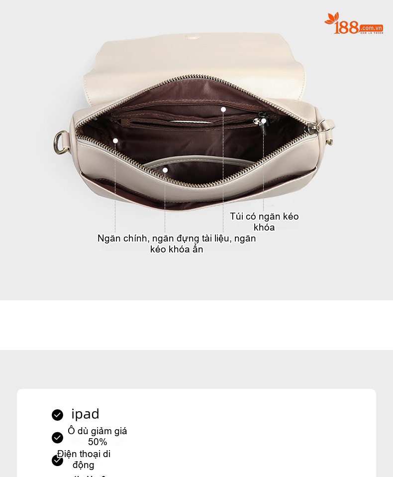 Túi Đeo Chéo Nữ Da Bóng Sức Chứa Lớn Kiểu Dáng Pillow Bag Màu Kem chi tiết 10