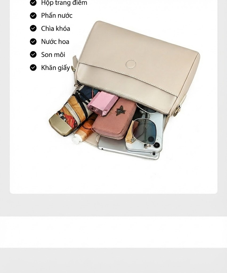 Túi Đeo Chéo Nữ Da Bóng Sức Chứa Lớn Kiểu Dáng Pillow Bag Màu Kem chi tiết 11