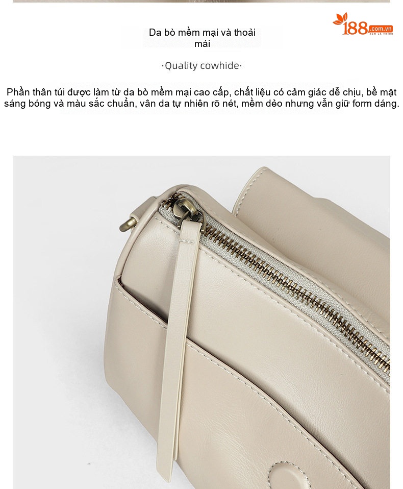 Túi Đeo Chéo Nữ Da Bóng Sức Chứa Lớn Kiểu Dáng Pillow Bag Màu Kem chi tiết 14