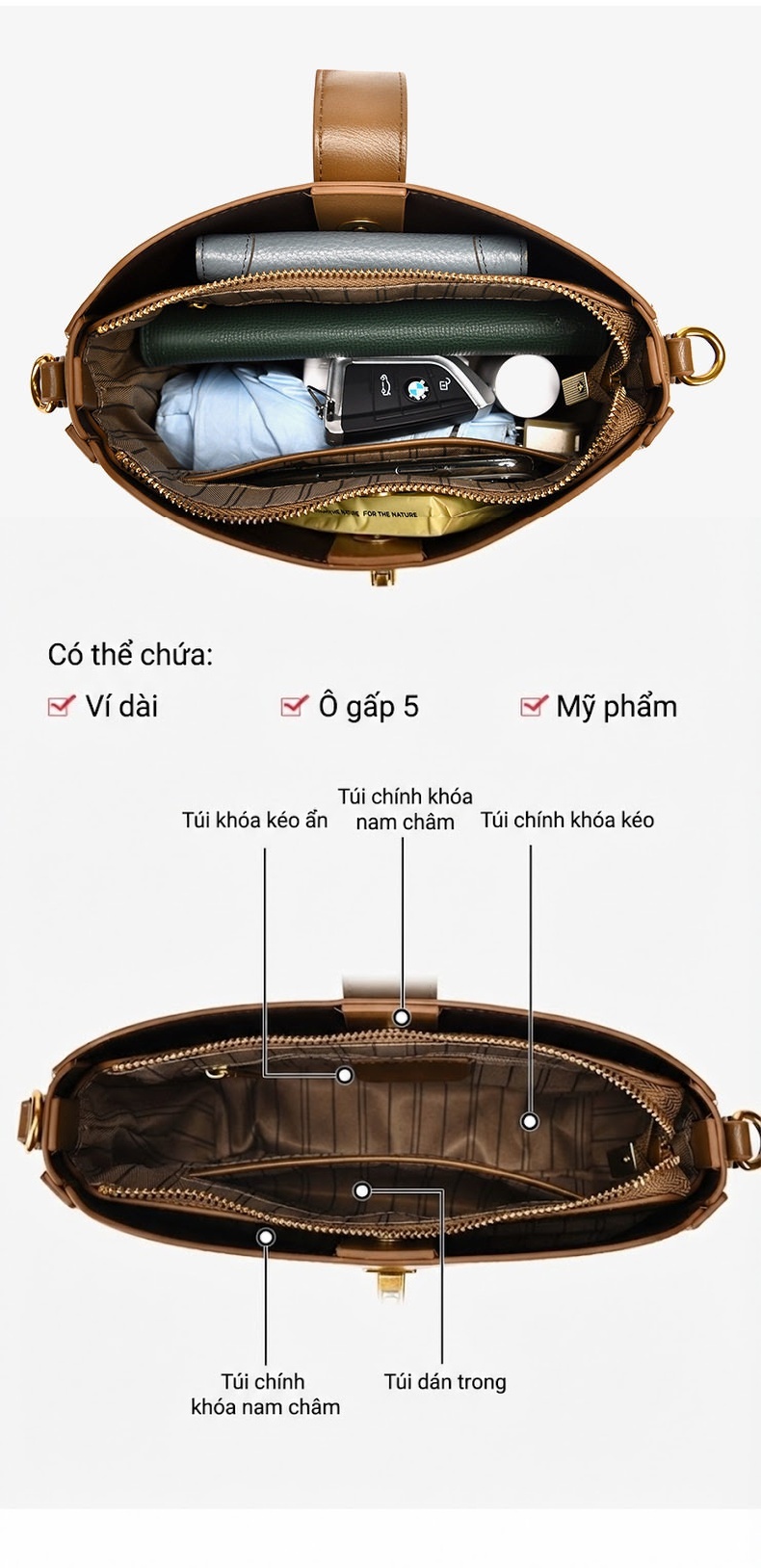 Túi Đeo Chéo Nữ Da Bóng Túi Kẹp Nách Nữ Đeo Vai Đi Làm Màu Nâu chi tiết 3