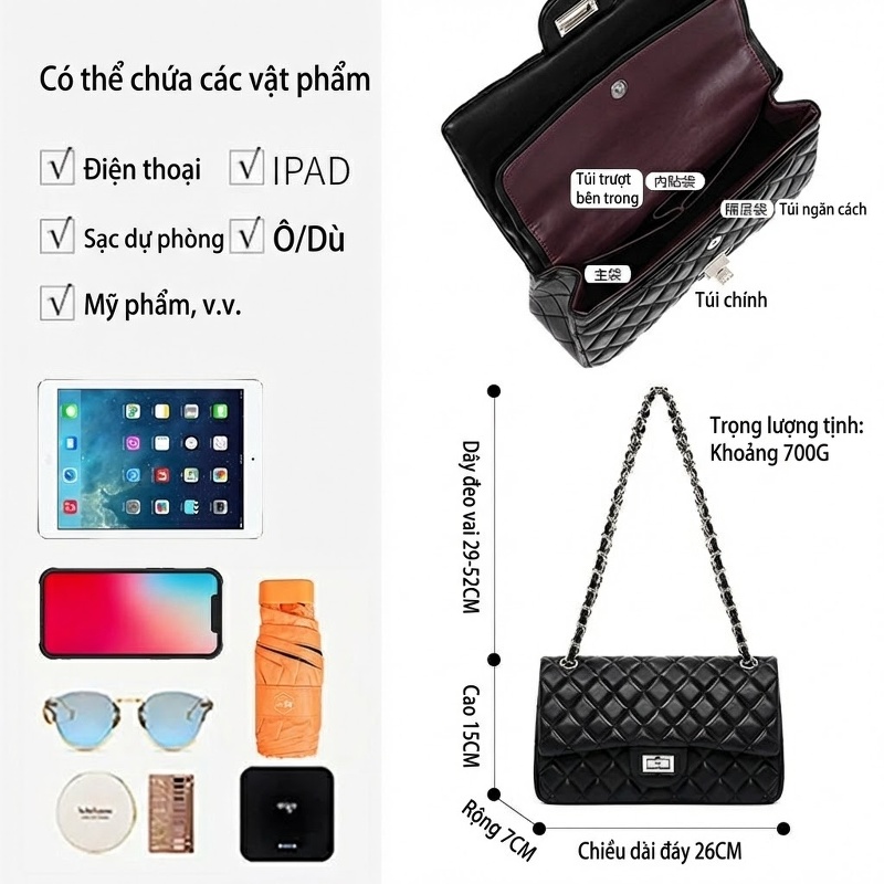 Túi Đeo Chéo Nữ Da Cừu Trám Ô Dây Xích Phong Cách Tiểu Hương Màu Đen