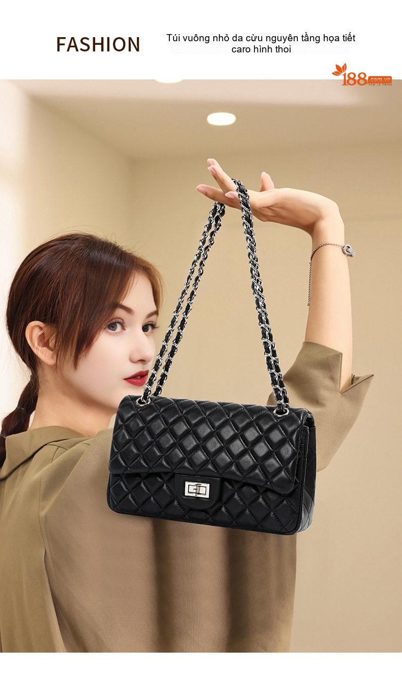 Túi Đeo Chéo Nữ Da Cừu Trám Ô Dây Xích Phong Cách Tiểu Hương Màu Đen chi tiết 2