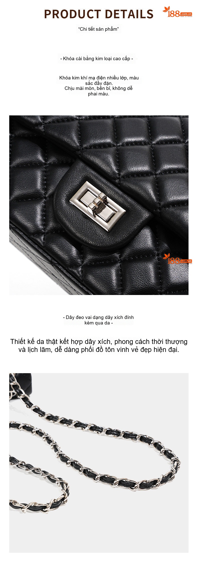 Túi Đeo Chéo Nữ Da Cừu Trám Ô Dây Xích Phong Cách Tiểu Hương Màu Đen chi tiết 16