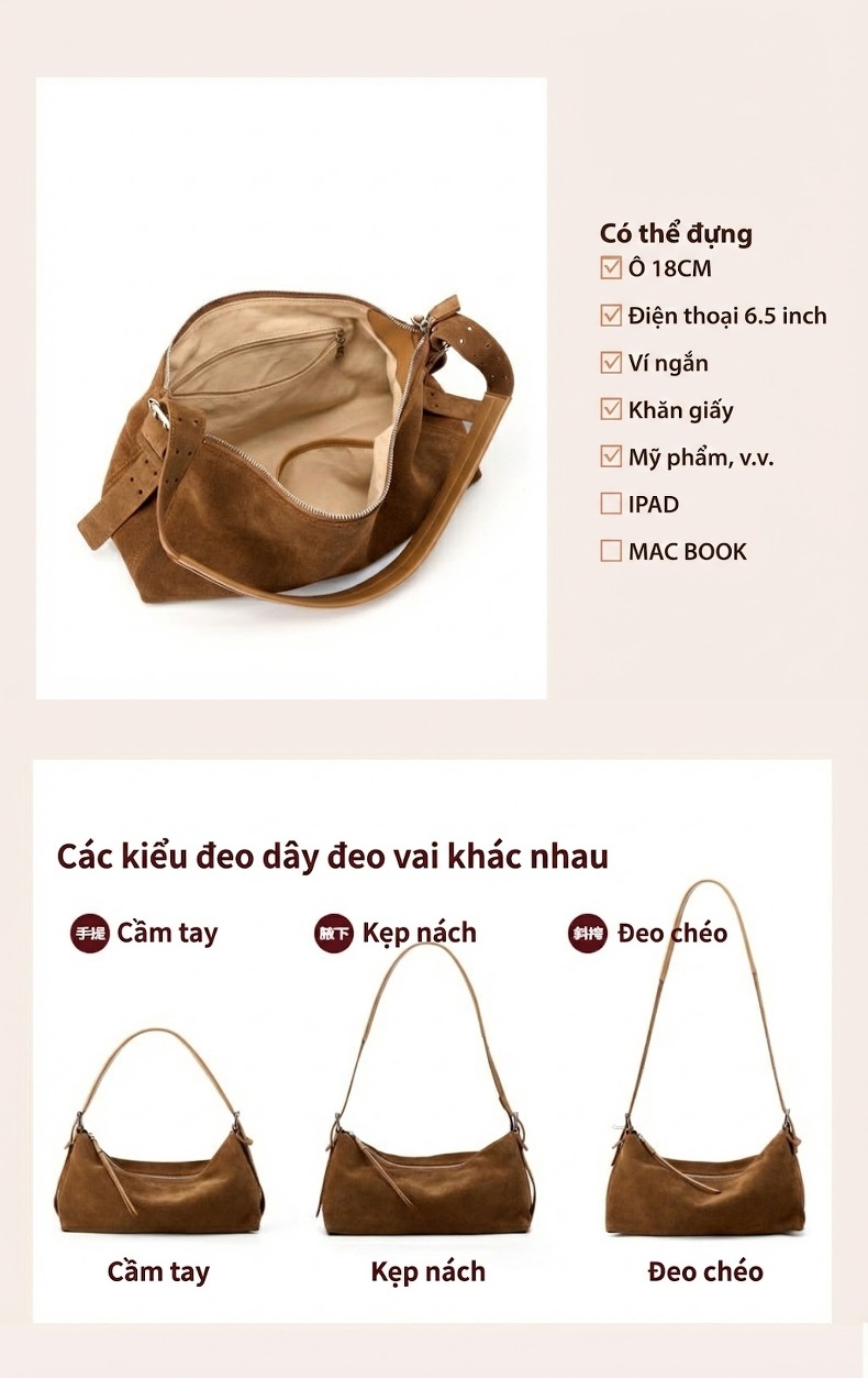 Túi Đeo Chéo Nữ Da Lộn Da Thật, Túi Xách Tay Nữ, Túi Đeo Vai Phong Cách Thanh Lịch Màu Nâu chi tiết 6
