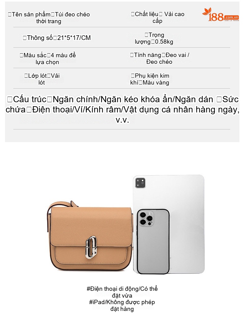 Túi Đeo Chéo Nữ Da Mờ Form Vuông Nhỏ Gọn Phong Cách Thời Trang Màu Đen, Trắng, Nâu chi tiết 6