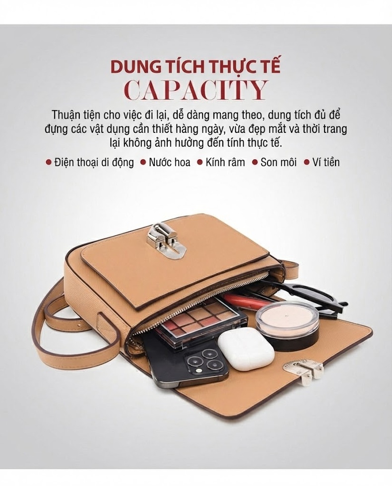 Túi Đeo Chéo Nữ Da Mờ Form Vuông Nhỏ Gọn Phong Cách Thời Trang Màu Đen, Trắng, Nâu chi tiết 11