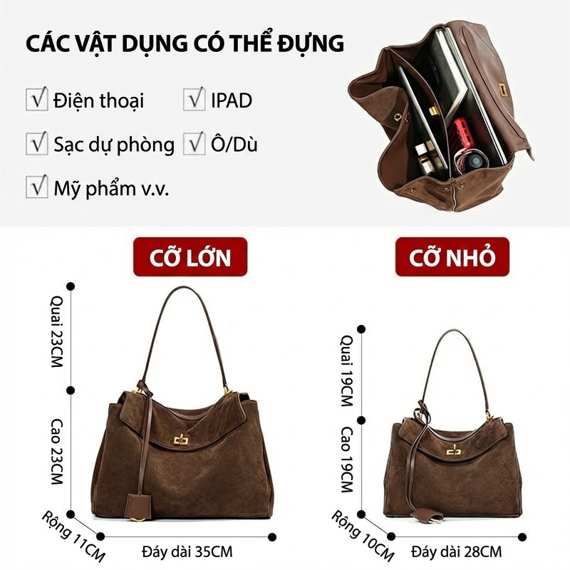 Túi Đeo Chéo Nữ Da Mờ Sức Chứa Lớn Phong Cách Thu Đông Màu Nâu