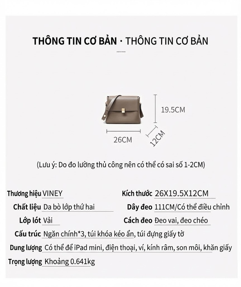 Túi Đeo Chéo Nữ Da Thật Cao Cấp, Túi Đeo Vai Phong Cách Hàn Quốc Màu Xám chi tiết 6