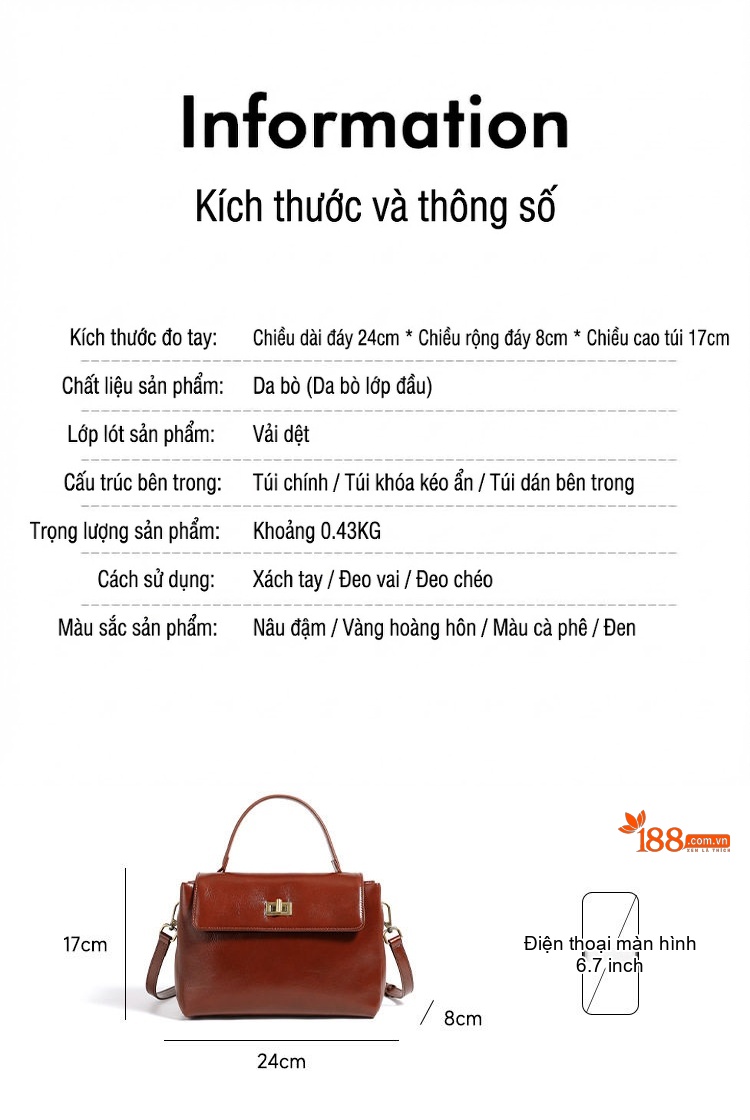Túi Đeo Chéo Nữ Da Thật Cao Cấp, Túi Xách Tay Nữ Đa Năng Thời Trang Màu Nâu chi tiết 2