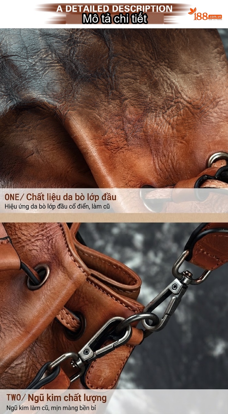 Túi Đeo Chéo Nữ Da Thật Đa Năng Dáng Túi Rút Tua Rua Màu Nâu chi tiết 8