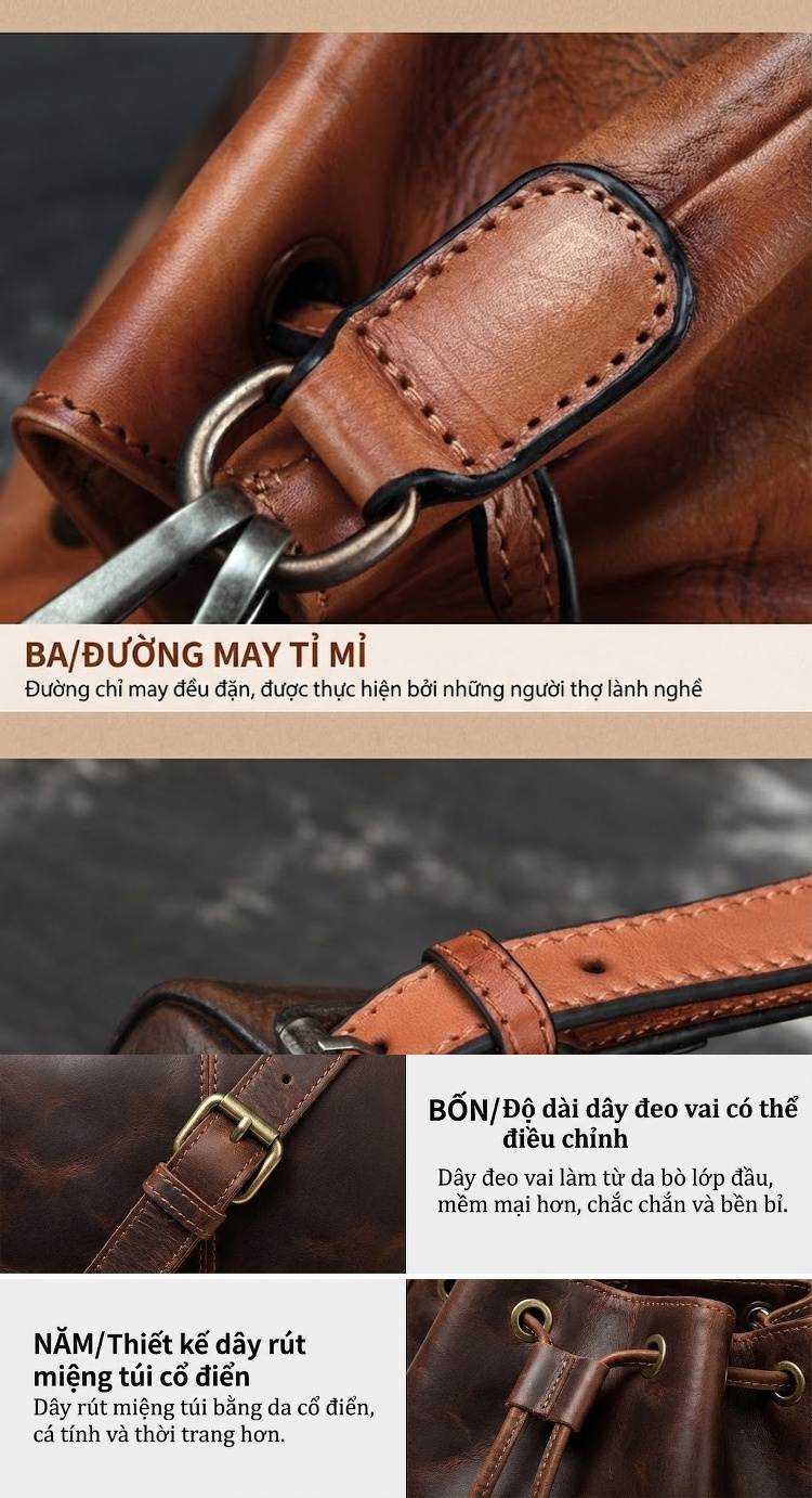 Túi Đeo Chéo Nữ Da Thật Đa Năng Dáng Túi Rút Tua Rua Màu Nâu chi tiết 9