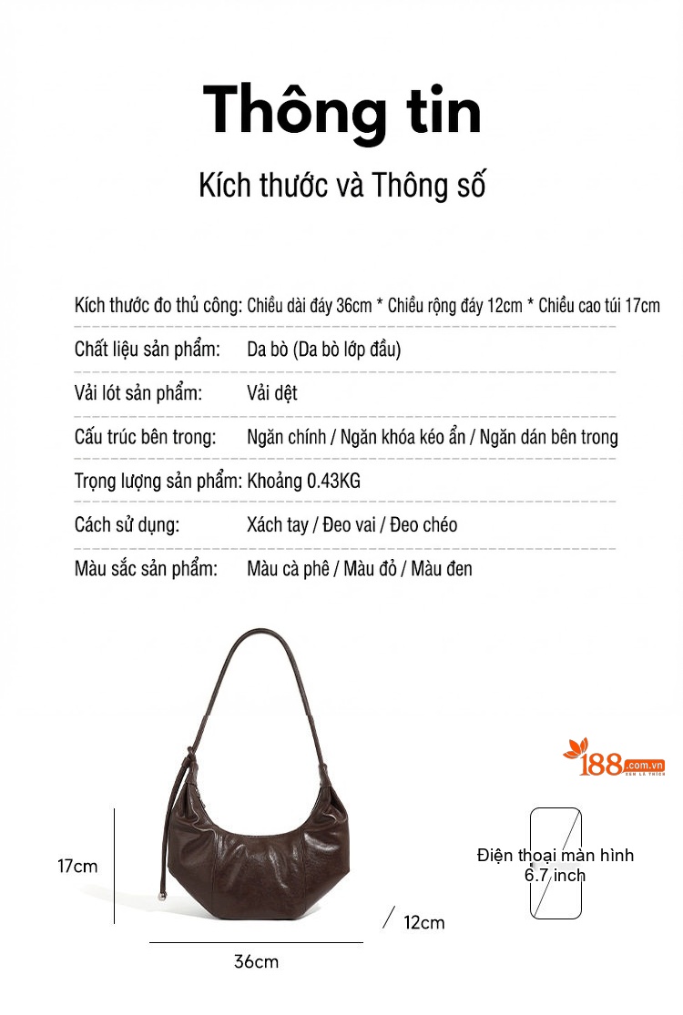 Túi Đeo Chéo Nữ Da Thật Dáng Bánh Sừng Bò Thiết Kế Độc Đáo Đeo Vai Túi Kẹp Nách Công Sở Dung Tích Lớn Màu Nâu chi tiết 3
