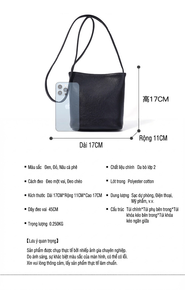Túi Đeo Chéo Nữ Da Thật Dáng Bucket Nhỏ Gọn Màu Đỏ, Đen chi tiết 13