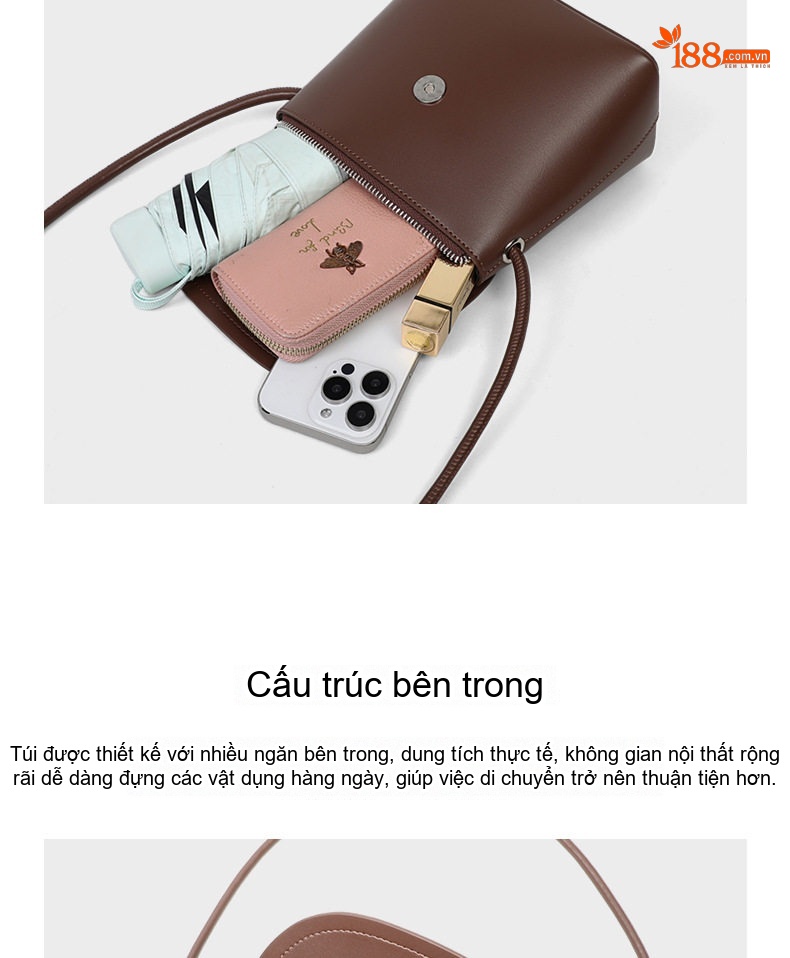 Túi Đeo Chéo Nữ Da Thật Dáng Bucket Phong Cách Nhẹ Nhàng Màu Nâu, Xám chi tiết 9