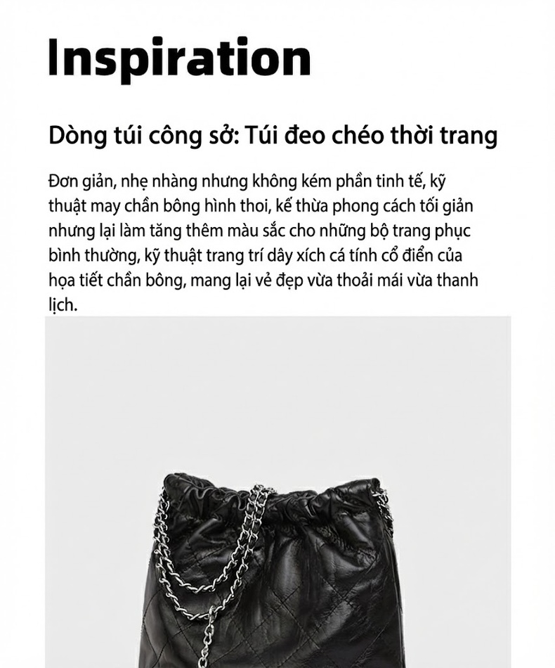Túi Đeo Chéo Nữ Da Thật Dáng Bucket, Trám, Quai Xích Màu Đen chi tiết 1