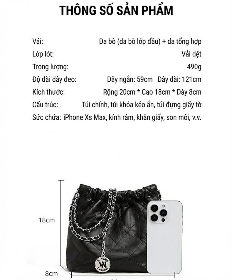 Túi Đeo Chéo Nữ Da Thật Dáng Bucket, Trám, Quai Xích Màu Đen chi tiết 5