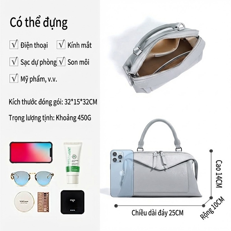 Túi Đeo Chéo Nữ Da Thật Dáng Gối Túi Xách Tay Công Sở Màu Be, Xám