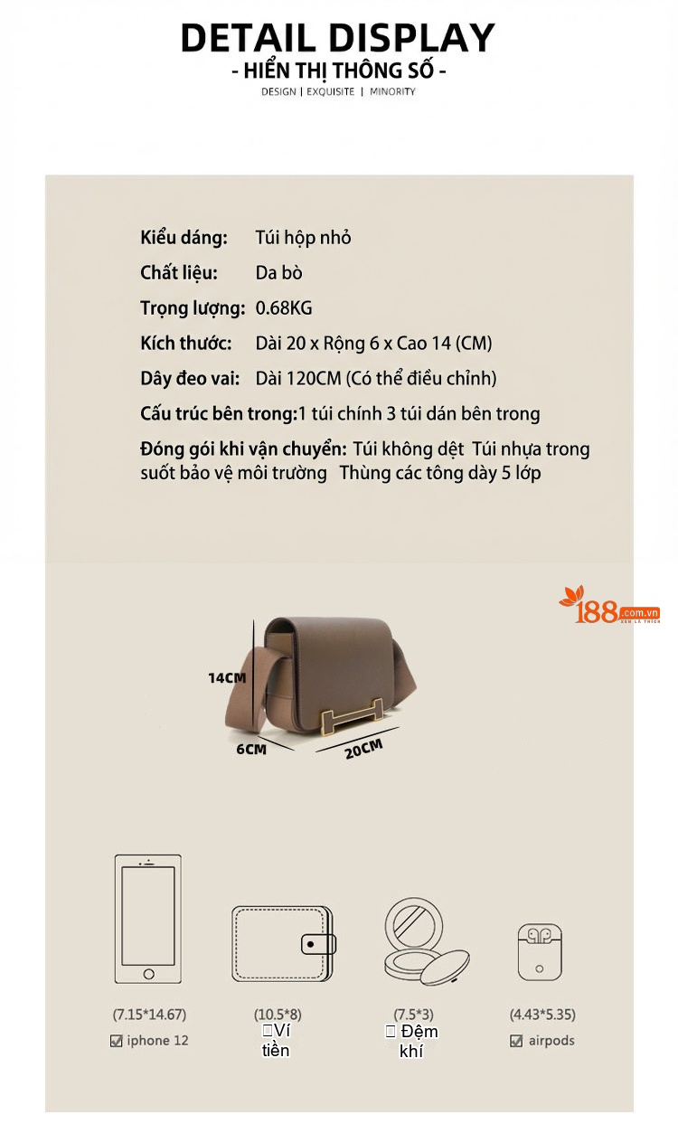 Túi Đeo Chéo Nữ Da Thật Dáng Hộp Chữ Nhật Quai Rộng Phong Cách Âu Mỹ Màu Nâu, Đen chi tiết 8