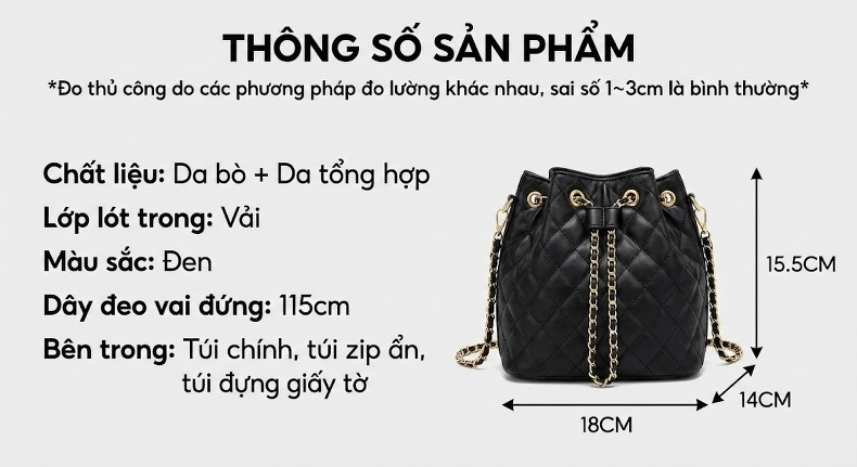 Túi Đeo Chéo Nữ Da Thật Dáng Thùng Quai Xách Tay Dây Xích Cao Cấp Màu Đen chi tiết 10