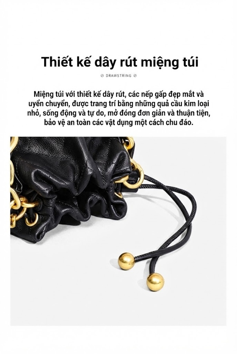 Túi Đeo Chéo Nữ Da Thật Dáng Thùng Quai Xách Tay Dây Xích Cao Cấp Màu Đen chi tiết 12