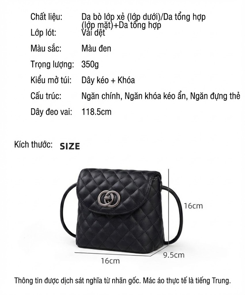 Túi Đeo Chéo Nữ Da Thật Dáng Thùng Trám Mini Màu Đen chi tiết 3