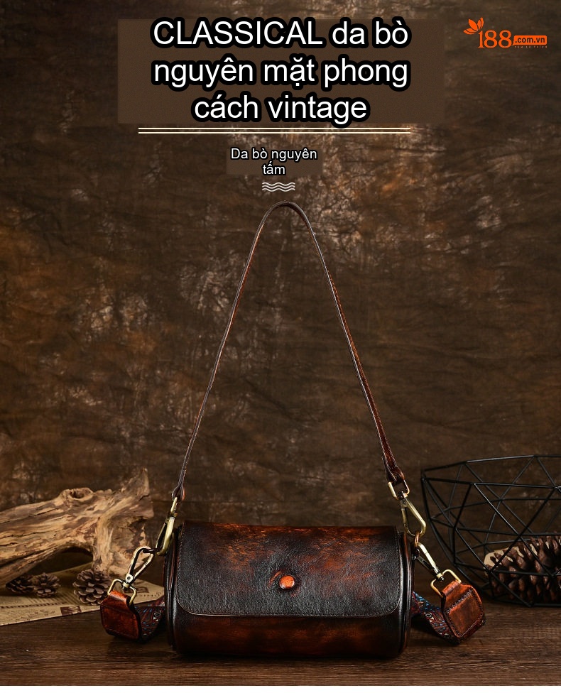 Túi Đeo Chéo Nữ Da Thật Dáng Tròn Vintage Màu Nâu Đậm chi tiết 1