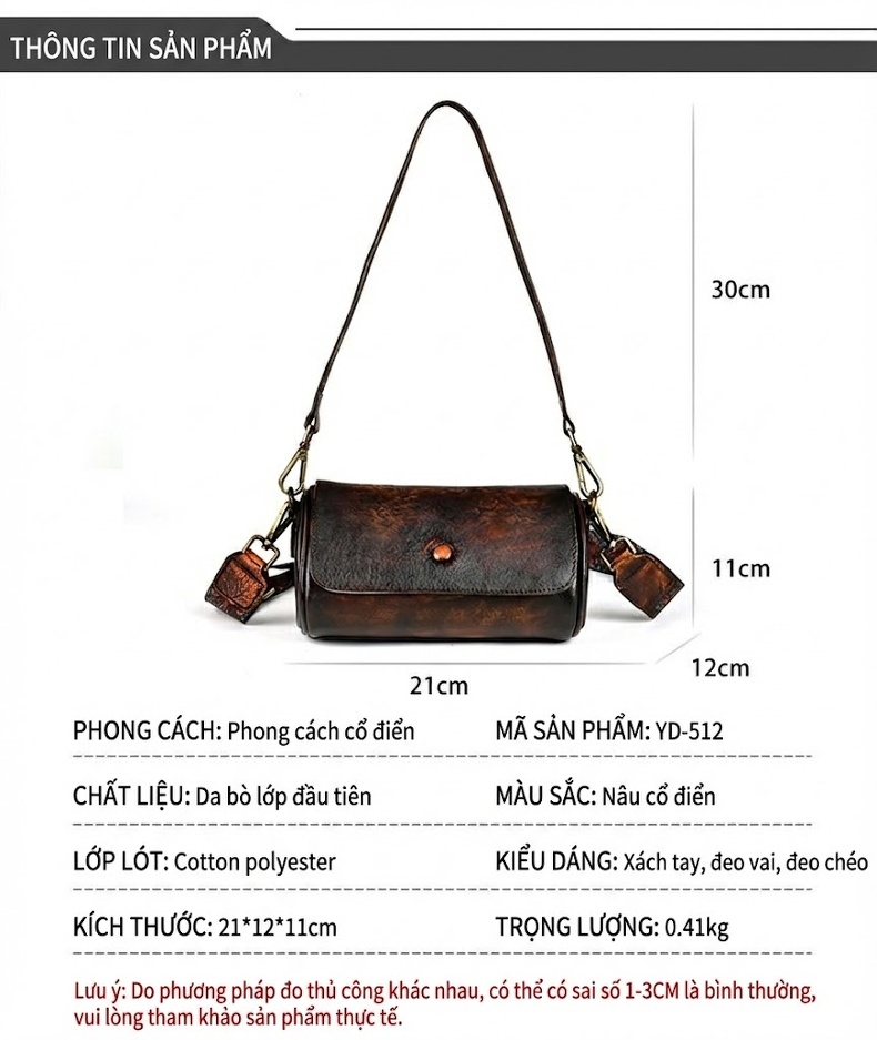 Túi Đeo Chéo Nữ Da Thật Dáng Tròn Vintage Màu Nâu Đậm chi tiết 3