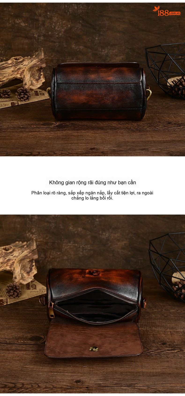 Túi Đeo Chéo Nữ Da Thật Dáng Tròn Vintage Màu Nâu Đậm chi tiết 6