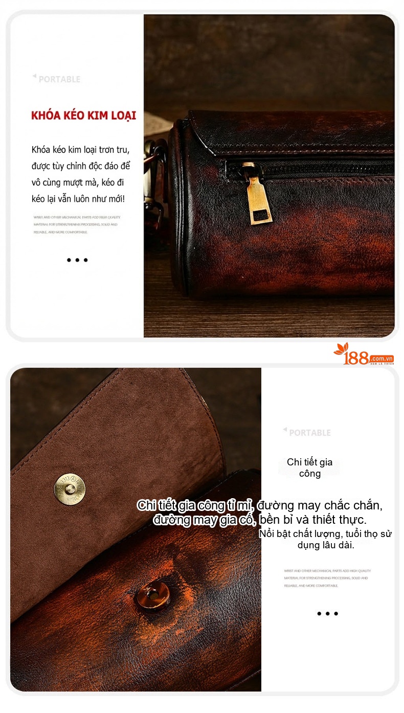 Túi Đeo Chéo Nữ Da Thật Dáng Tròn Vintage Màu Nâu Đậm chi tiết 9