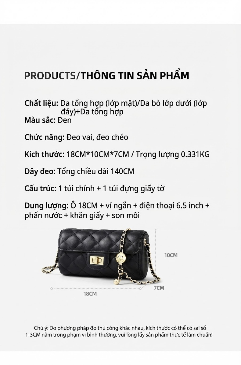 Túi Đeo Chéo Nữ Da Thật Dáng Trụ Quả Trám Dây Xích Phong Cách Tiểu Thư Màu Đen chi tiết 7
