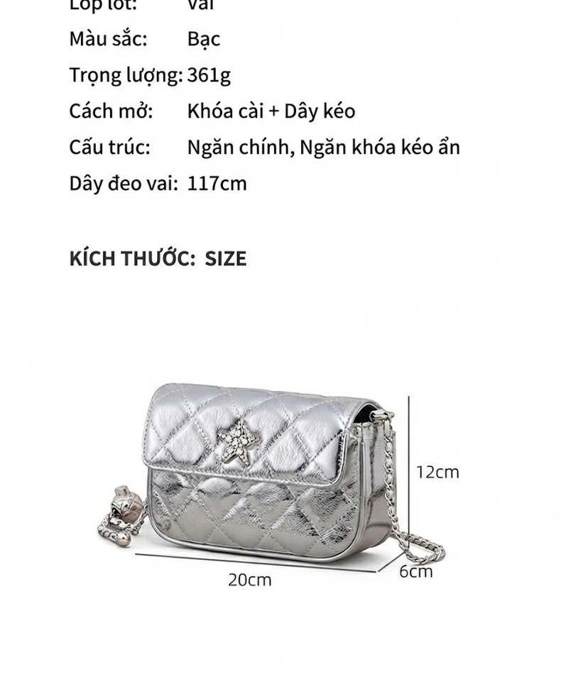 Túi Đeo Chéo Nữ Da Thật Dáng Vuông Nhỏ Quai Xích Màu Bạc chi tiết 3