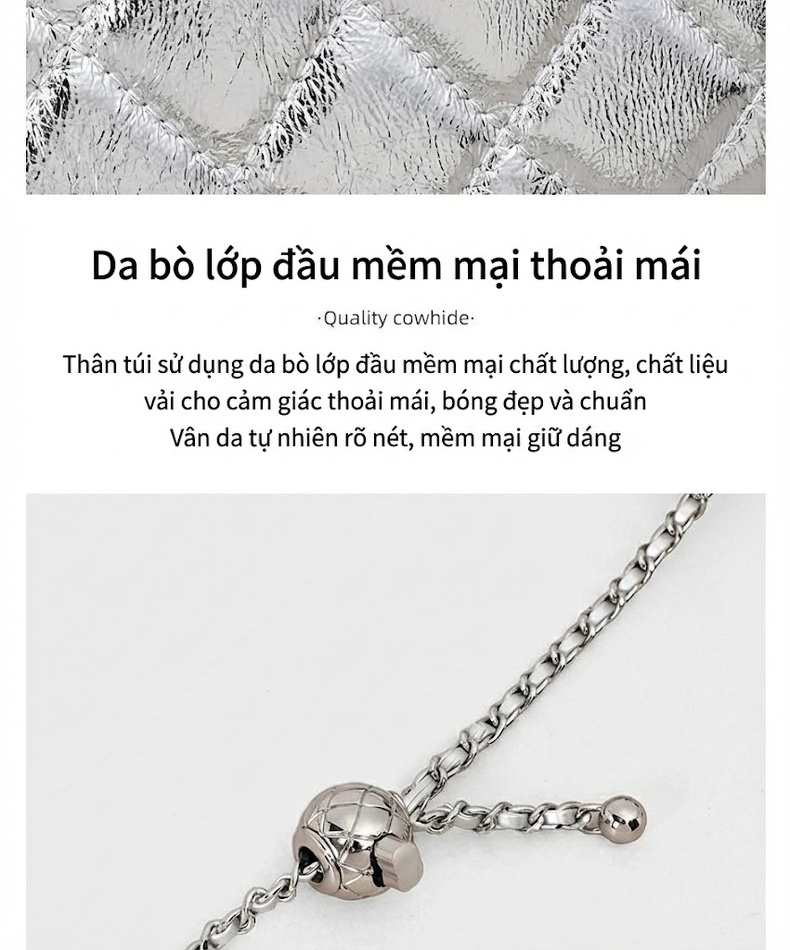 Túi Đeo Chéo Nữ Da Thật Dáng Vuông Nhỏ Quai Xích Màu Bạc chi tiết 10