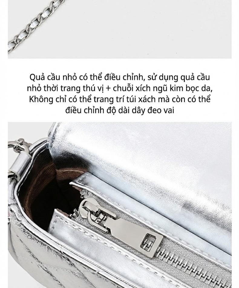 Túi Đeo Chéo Nữ Da Thật Dáng Vuông Nhỏ Quai Xích Màu Bạc chi tiết 11