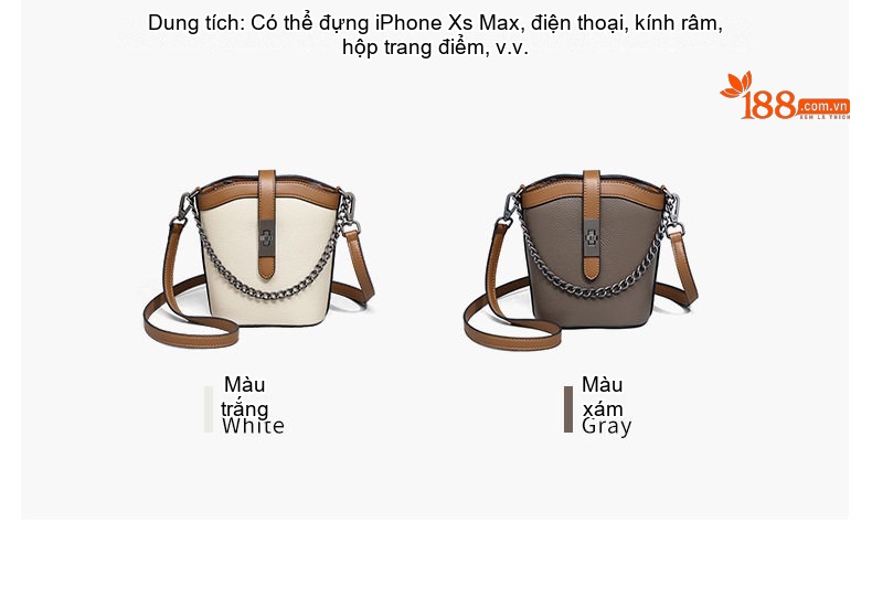 Túi Đeo Chéo Nữ Da Thật Dáng Xô Nhỏ Gọn Cao Cấp Màu Trắng Kem, Nâu chi tiết 24