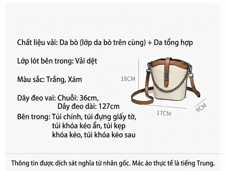 Túi Đeo Chéo Nữ Da Thật Dáng Xô Nhỏ Gọn Cao Cấp Màu Trắng Kem, Nâu chi tiết 22