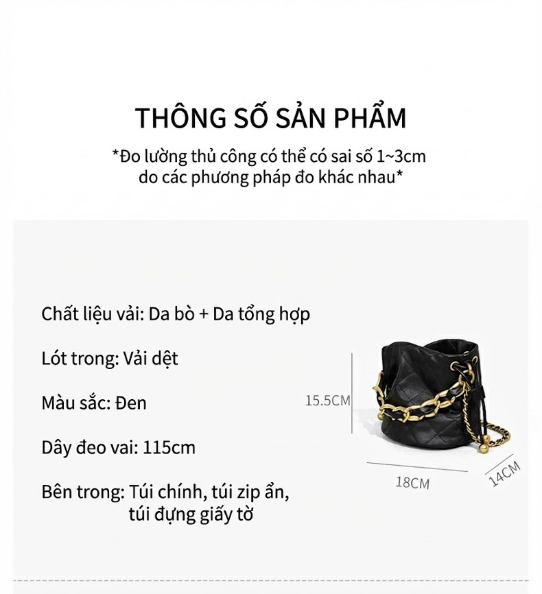 Túi Đeo Chéo Nữ Da Thật Dáng Xô Thiết Kế Nhỏ Nhắn Quai Xách Dây Xích Màu Đen chi tiết 10