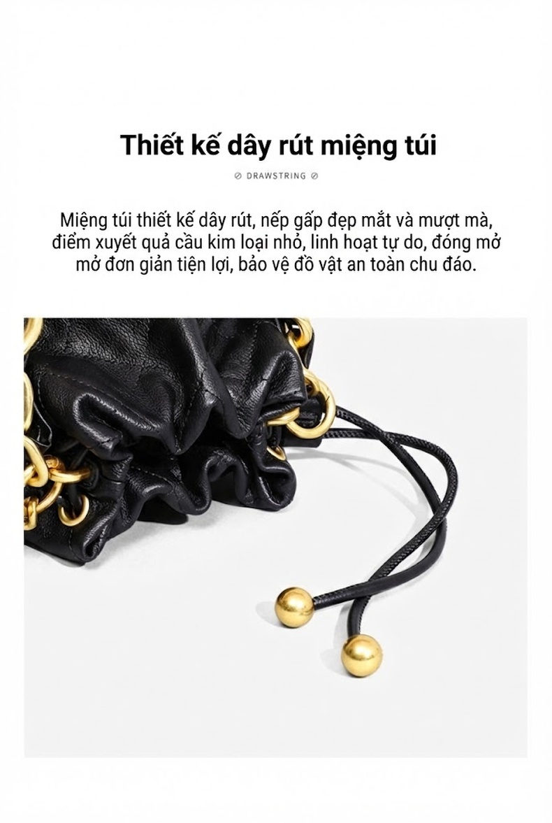 Túi Đeo Chéo Nữ Da Thật Dáng Xô Thiết Kế Nhỏ Nhắn Quai Xách Dây Xích Màu Đen chi tiết 12