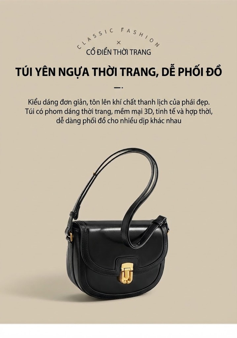 Túi Đeo Chéo Nữ Da Thật Dáng Yên Ngựa Phong Cách Hàn Quốc Màu Đen chi tiết 2