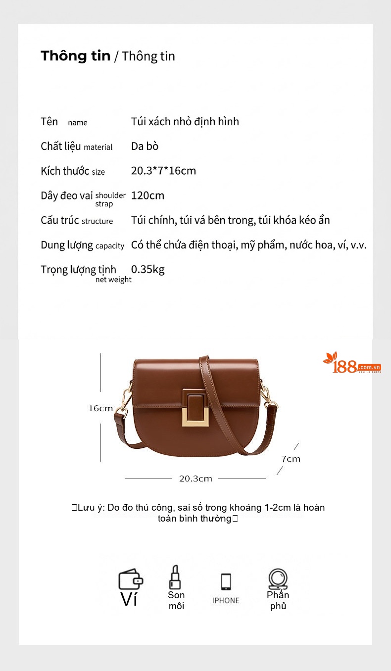 Túi Đeo Chéo Nữ Da Thật Dáng Yên Ngựa Phong Cách Thanh Lịch Màu Nâu chi tiết 5