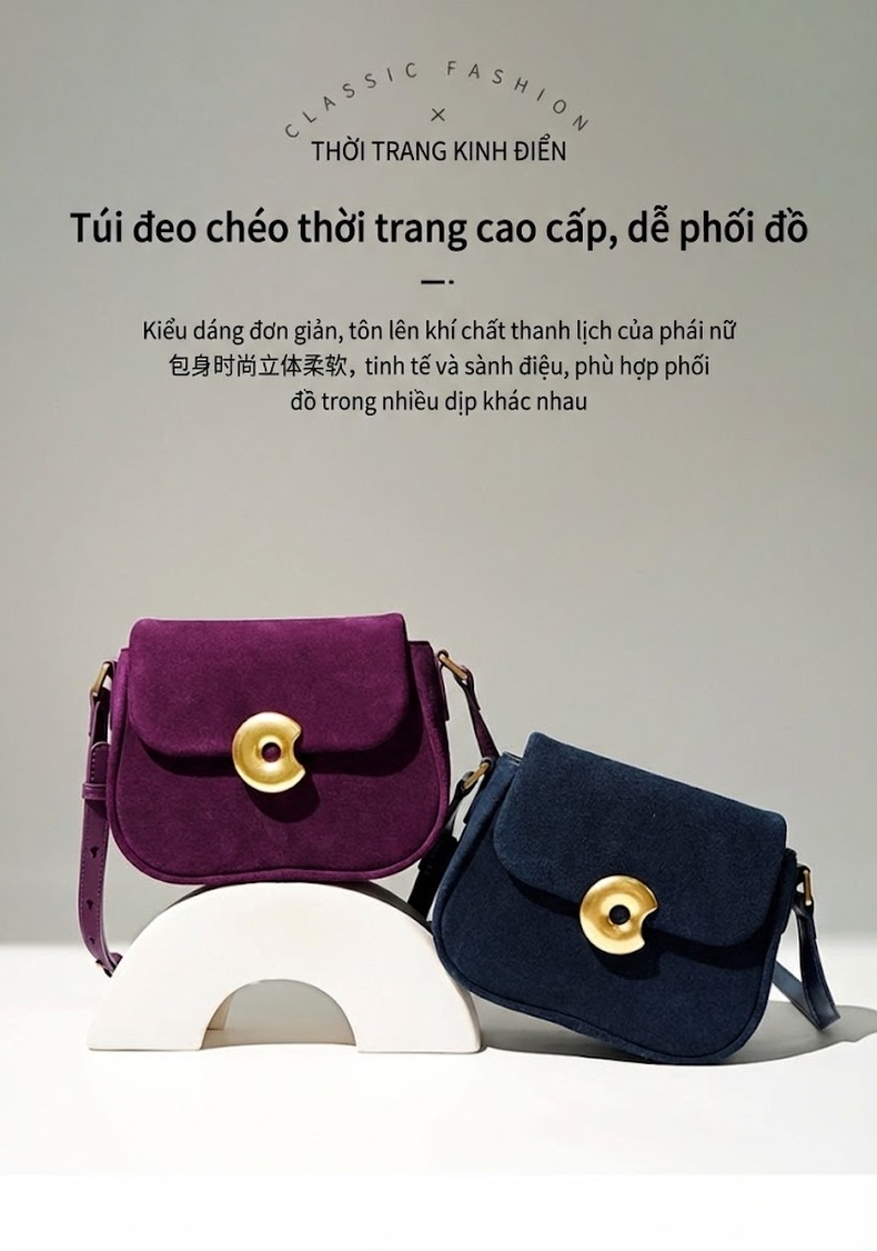 Túi Đeo Chéo Nữ Da Thật Dáng Yên Ngựa Phong Cách Tiểu Thư Màu Đỏ, Tím, Trắng, Xanh... chi tiết 9