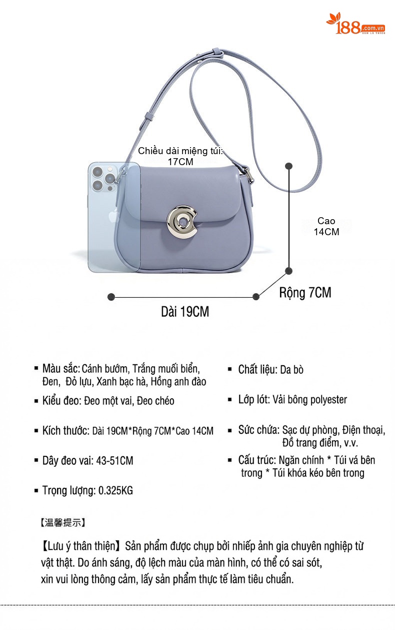 Túi Đeo Chéo Nữ Da Thật Dáng Yên Ngựa Phong Cách Tiểu Thư Màu Đỏ, Tím, Trắng, Xanh... chi tiết 8
