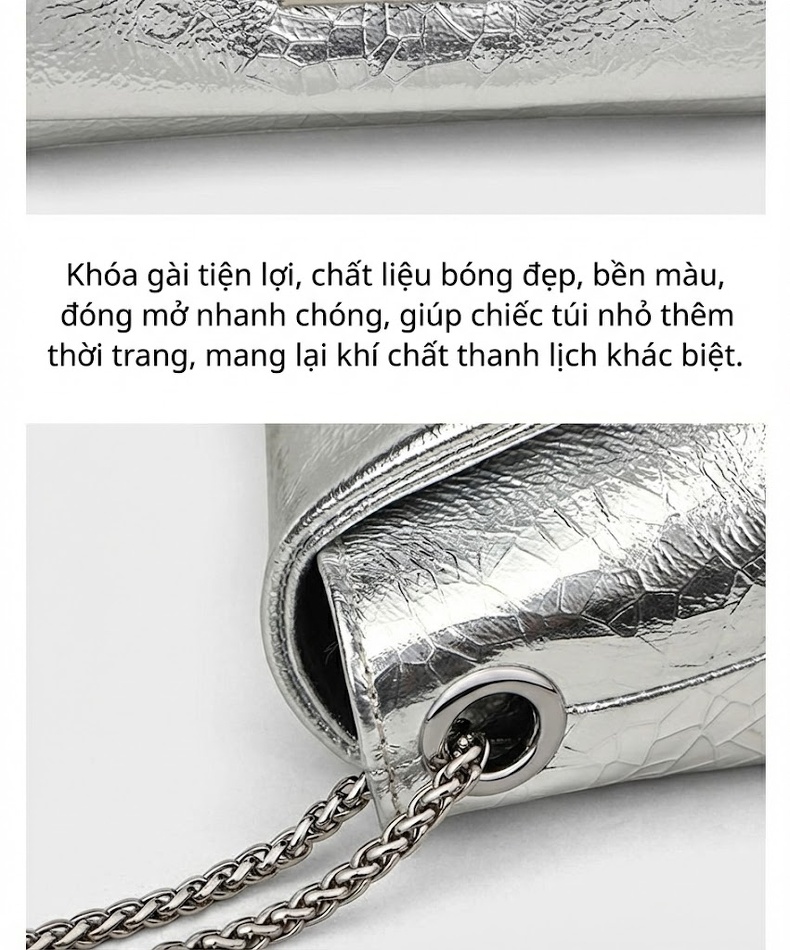 Túi Đeo Chéo Nữ Da Thật Dây Xích Hình Hộp Chữ Nhật Màu Bạc chi tiết 11
