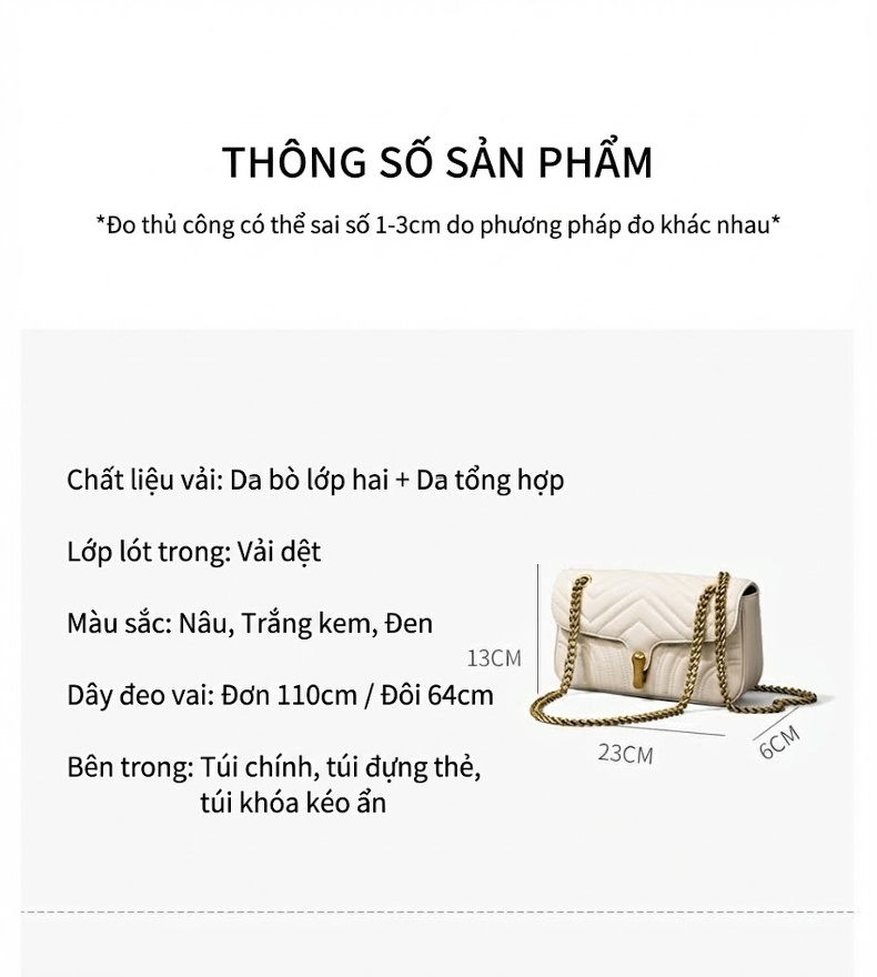 Túi Đeo Chéo Nữ Da Thật Dây Xích Thời Trang Màu Trắng Kem chi tiết 10