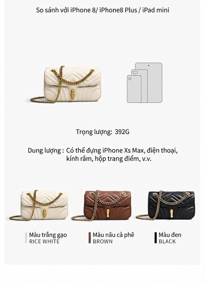 Túi Đeo Chéo Nữ Da Thật Dây Xích Thời Trang Màu Trắng Kem chi tiết 11