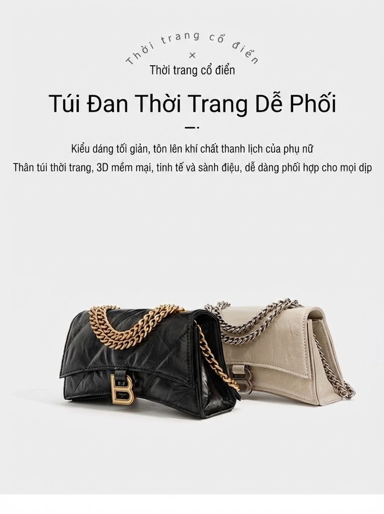 Túi Đeo Chéo Nữ Da Thật Gập Ly Dây Xích Túi Kẹp Nách Nhiều Ngăn Màu Đen, Trắng Kem chi tiết 1