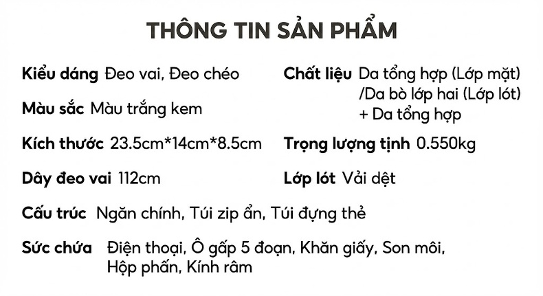 Túi Đeo Chéo Nữ Da Thật Họa Tiết Trám Dây Xích Phong Cách Tiểu Thư Màu Trắng chi tiết 12